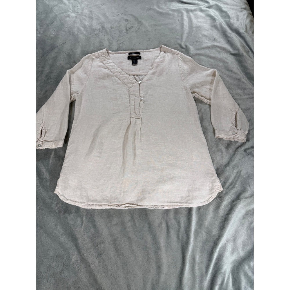 Tahari Womens 100% Linen 3/4 Sleeve Tunic Blouse Size Small Cottagecore V-Neck